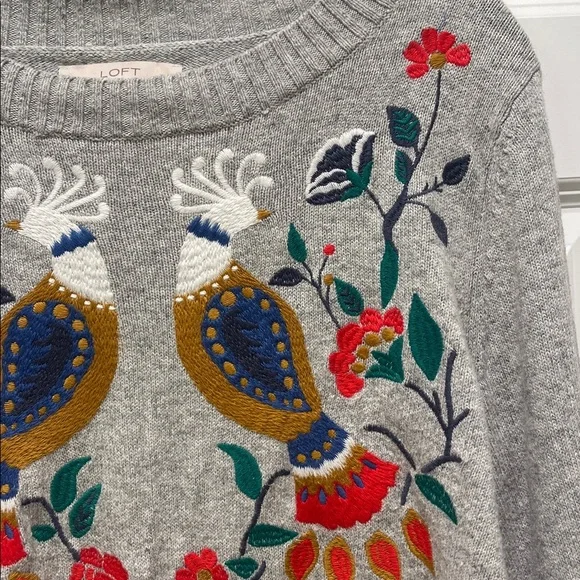 Loft Embroidered Floral Bird PEACOCKS Art deco Sweater Wool Blend L bell sleeves - Picture 7 of 11